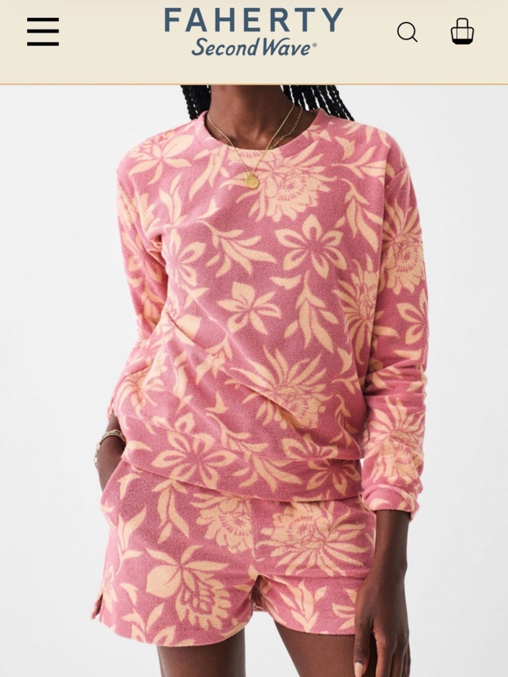 Faherty Pink and Cream Floral Terry Shorts Set
